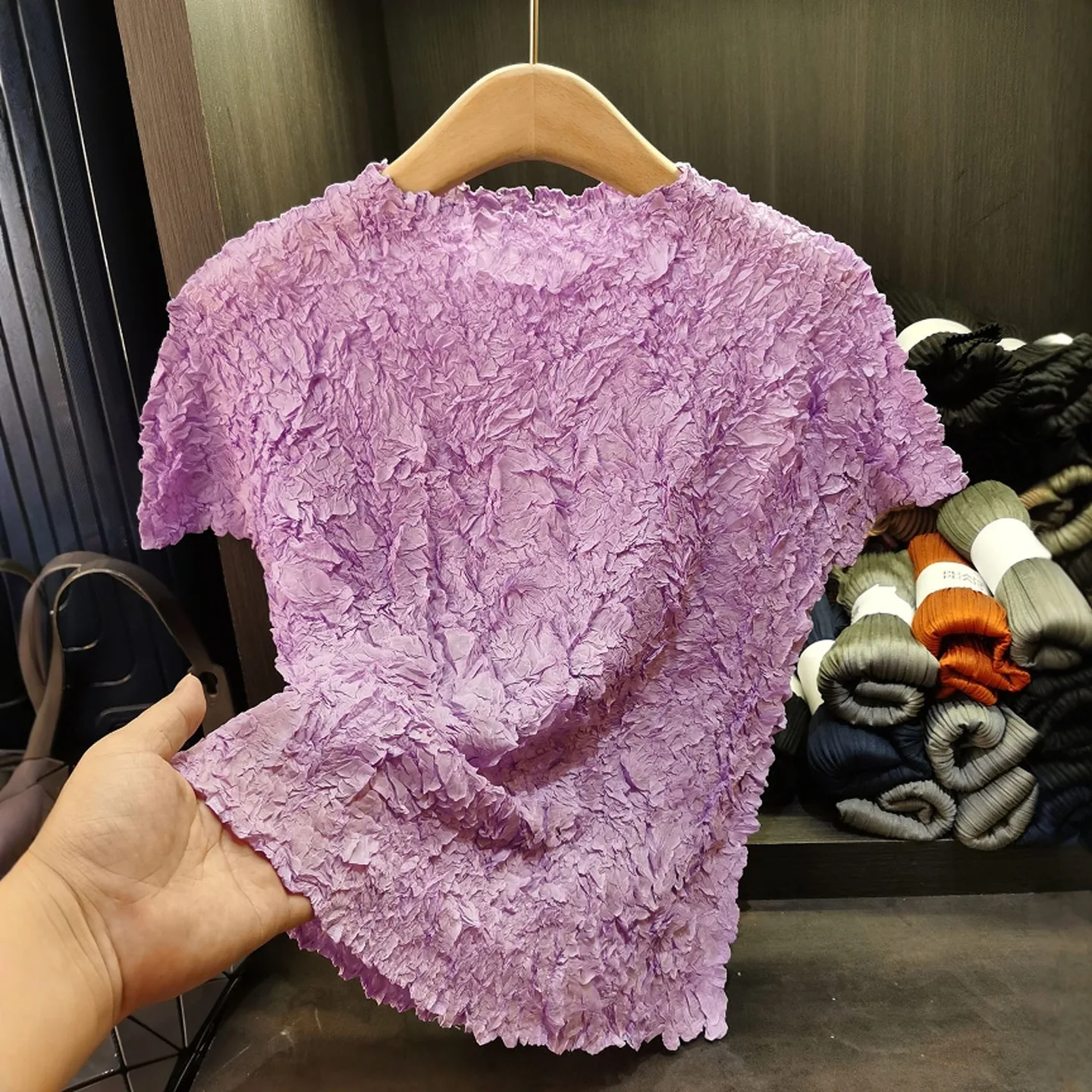 

Miyake Pleated T-shirt Plisse Design Sense Embossed Fold Top Women 2025 Summer Pleat Casual Versatile Solid Pleats T-shirt Women