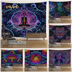 Tapisserie d'éléphant Mandala réactif UV, Statue de bouddha psychédélique Hippie, hibou, tissu mural suspendu, décor de chambre bohème