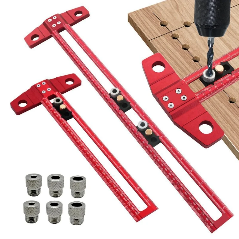 Aluminum Scriber Marking  Woodworking 2 in 1 Drilling Positioning Scoring Ruler T Square Dowelling Jig with 6/8/10mm Drill