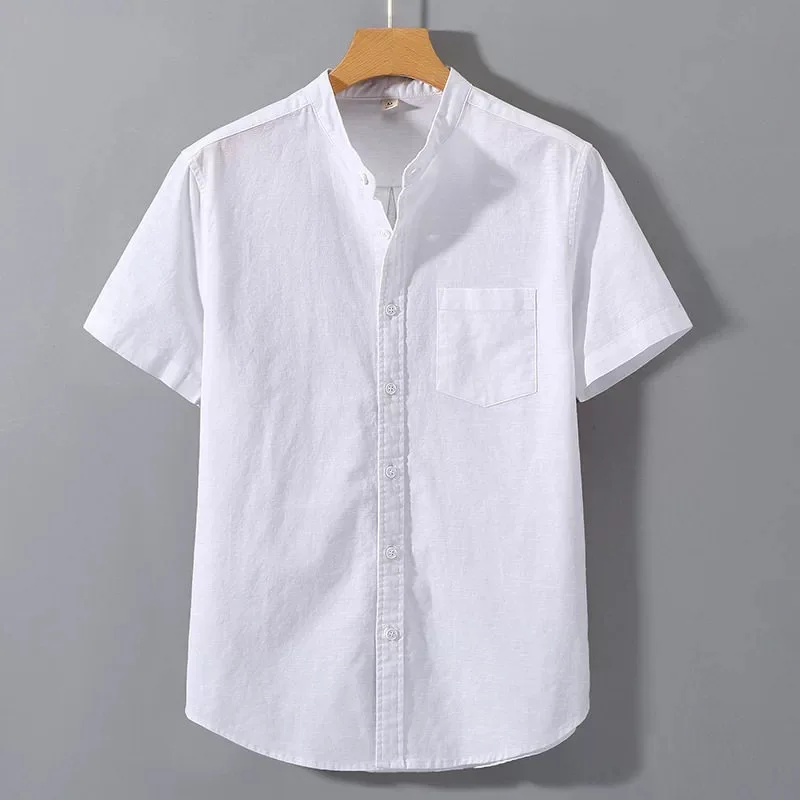 Summer 2026 Men's Slim Fit Casual Linen Short Sleeve Shirt Trendy Turn-down Collar Breathable Thin Half-lined Vintage Style