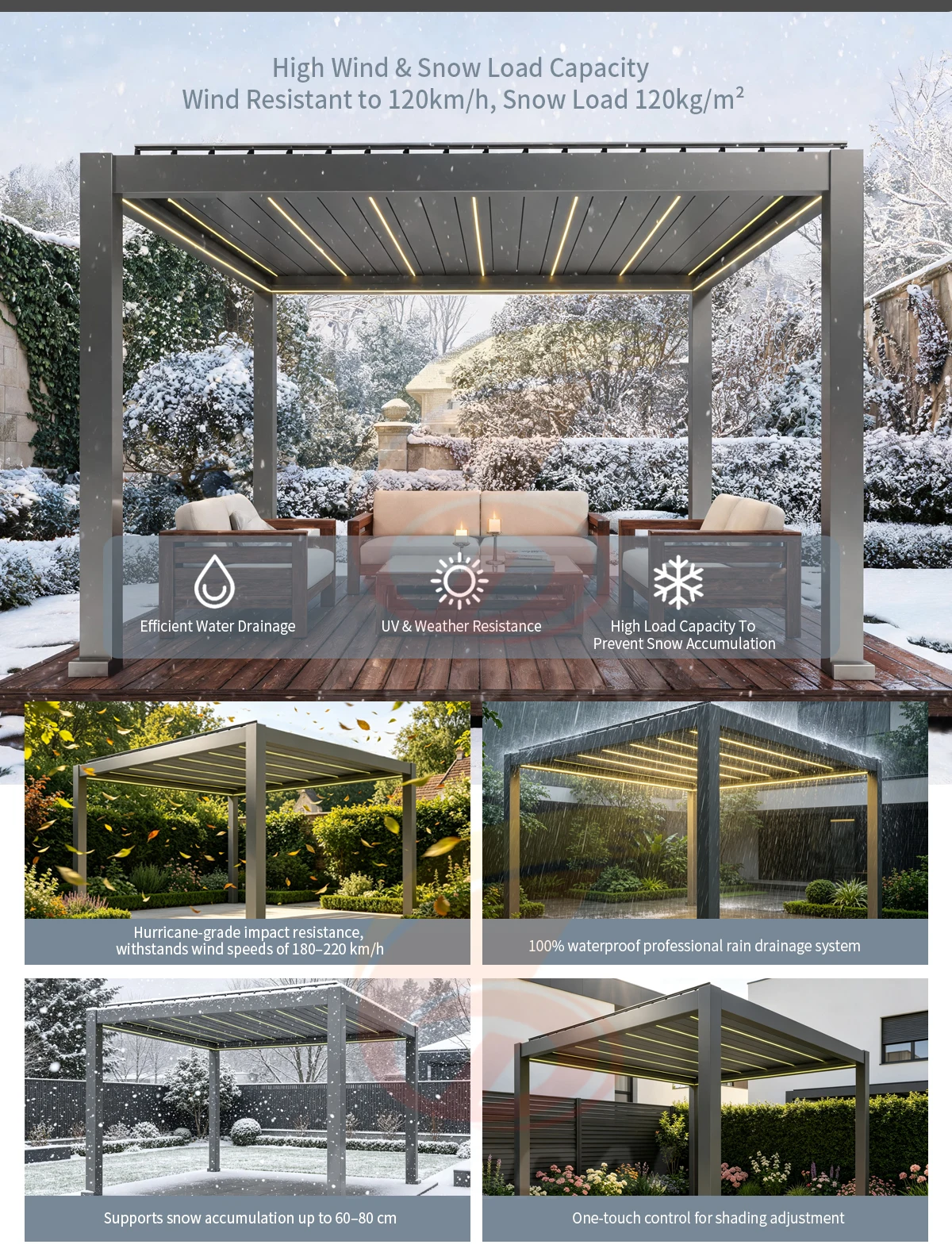 Aluminum Alloy Electric Louver Pavilion PVC LED Lights Ventilation Eco-Friendly Nature Screen Super Durable Luxury Windproof