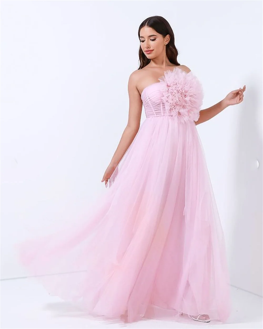 Jessica Pink Fairy Prom Dresses Handmade Tulle Flowers EveningDresses Wedding Dress Formal Party Dresses Robes De Soirée