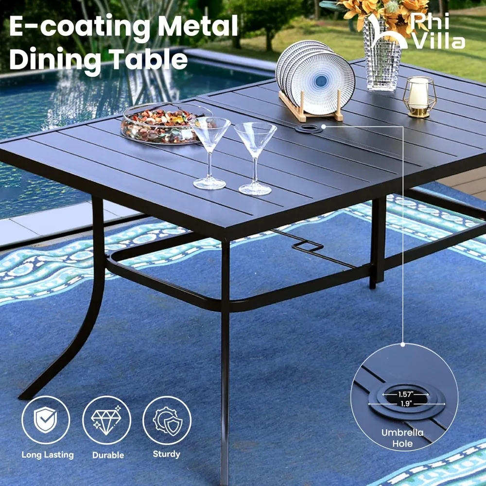 8-teiliges Terrassen-Ess-Set mit 13 Fuß Terrassenschirm (Beige), 6 gepolsterte Stühle mit hoher Rückenlehne, 1 Esstisch aus Metall, Tisch für den Außenbereich