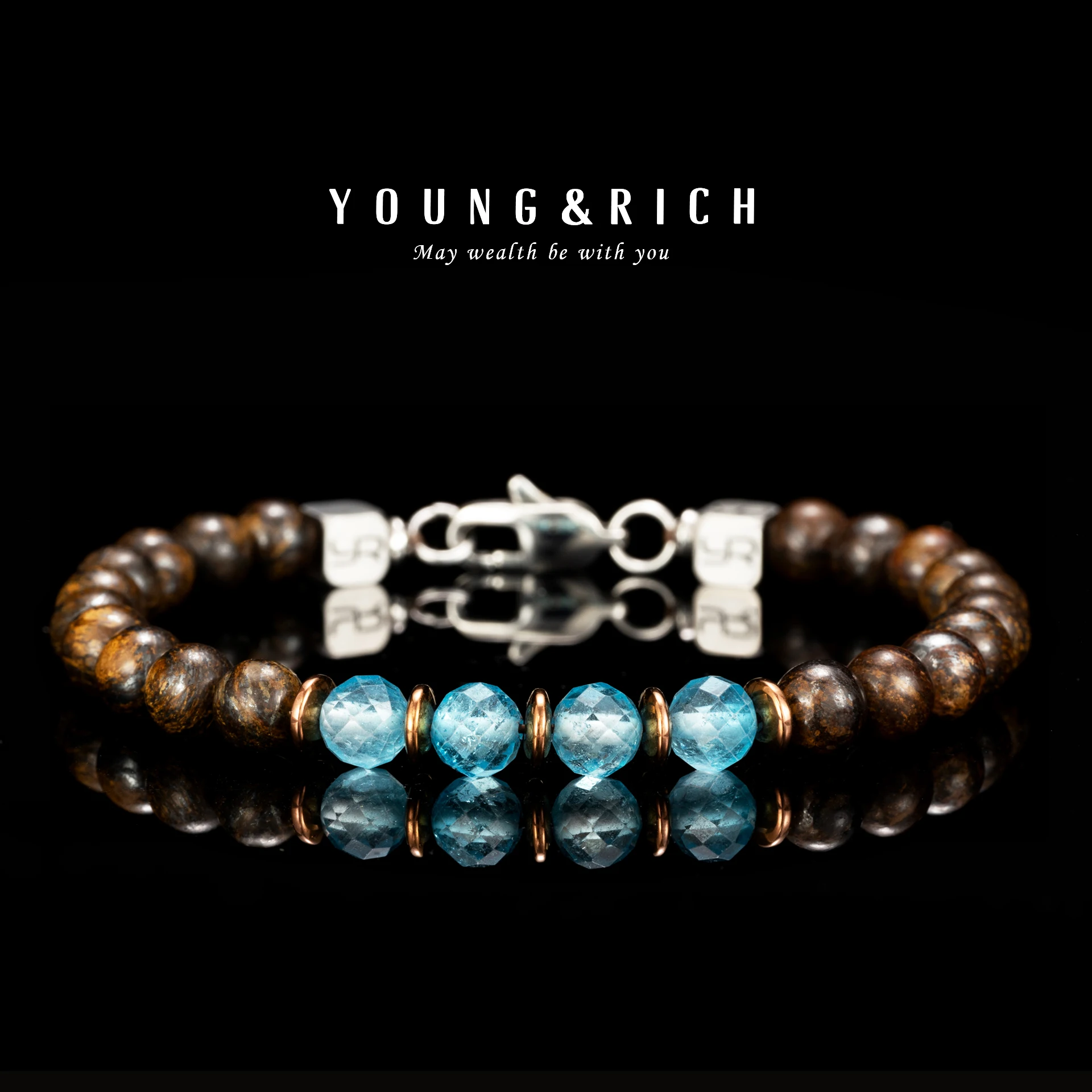 Men 6mm Brown Goldstone and Blue Topaz Bracelet Vintage Beaded Clasp Bracelet Handmade Fashion Jewelry Gift