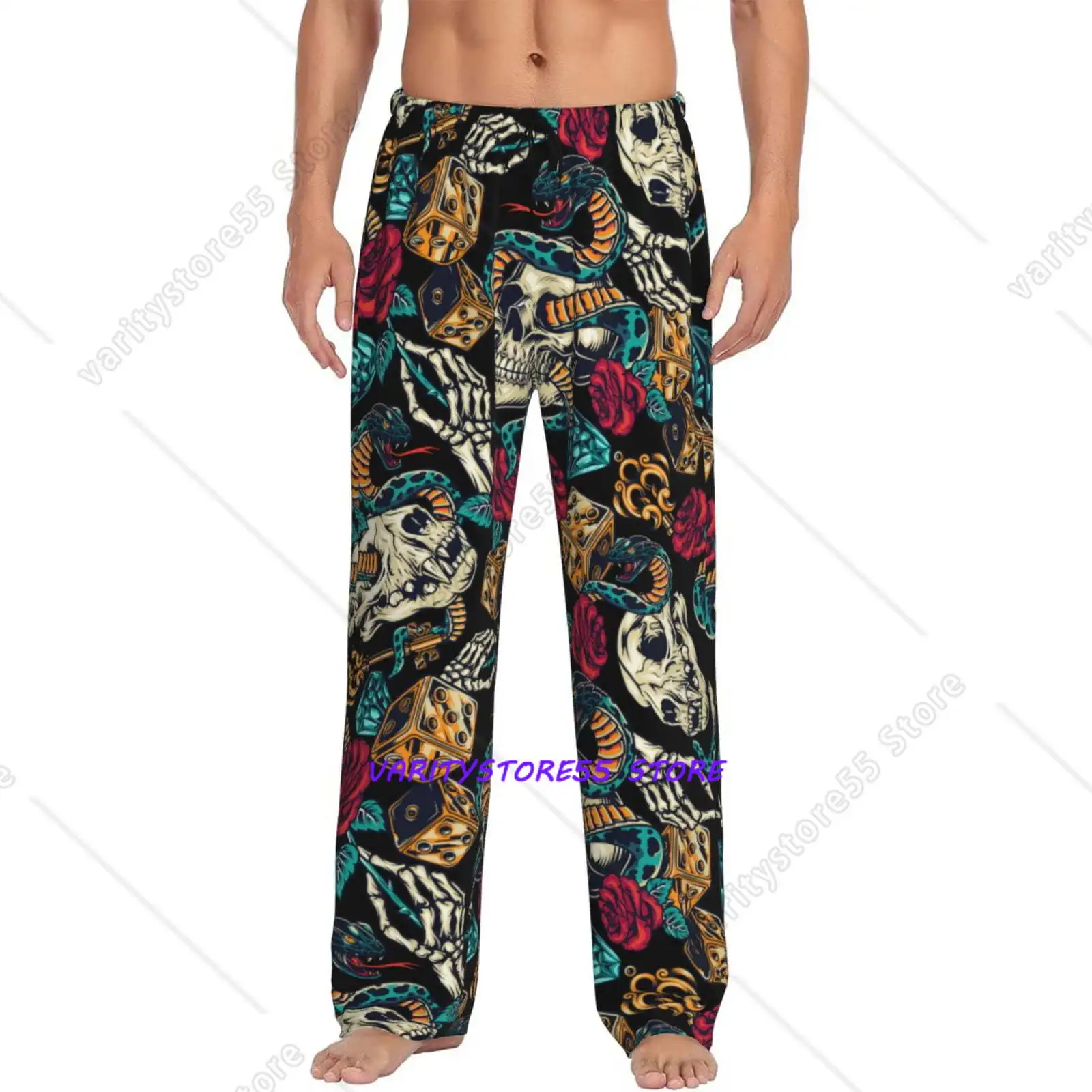 Vintage Snake Skeleton Rose Diamond Men'S Pajama Pants Soft Sleep Lounge Pants Bottoms with Pockets