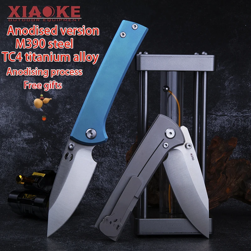 High-End M390 Titanium Alloy Folding Knife Custom Anodized Blue TC4 Handle Outdoor Camping Survival EDC Collectible Gift