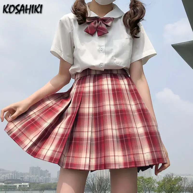 KOSAHIKI School Girl Uniform Pleated Skirts 17 Colors Japanese High Waist A-Line Y2k Plaid Skirt+ Bow Sexy JK Uniforms for Woman