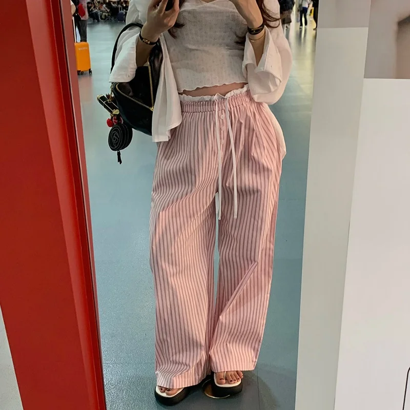 Versatile Casual Pants Loose Stripe Splicing Waist Drawstring Wide Leg Long Pants High Waist Other Material Other Process