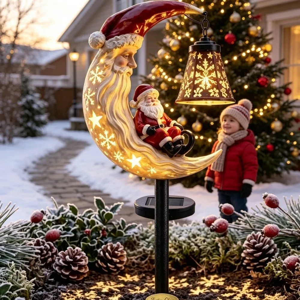 LED Glowing Christmas Moon Solar Stake Light Waterproof Hollow Lantern Xmas Garden Stake Lamp Iron Metal with Bell