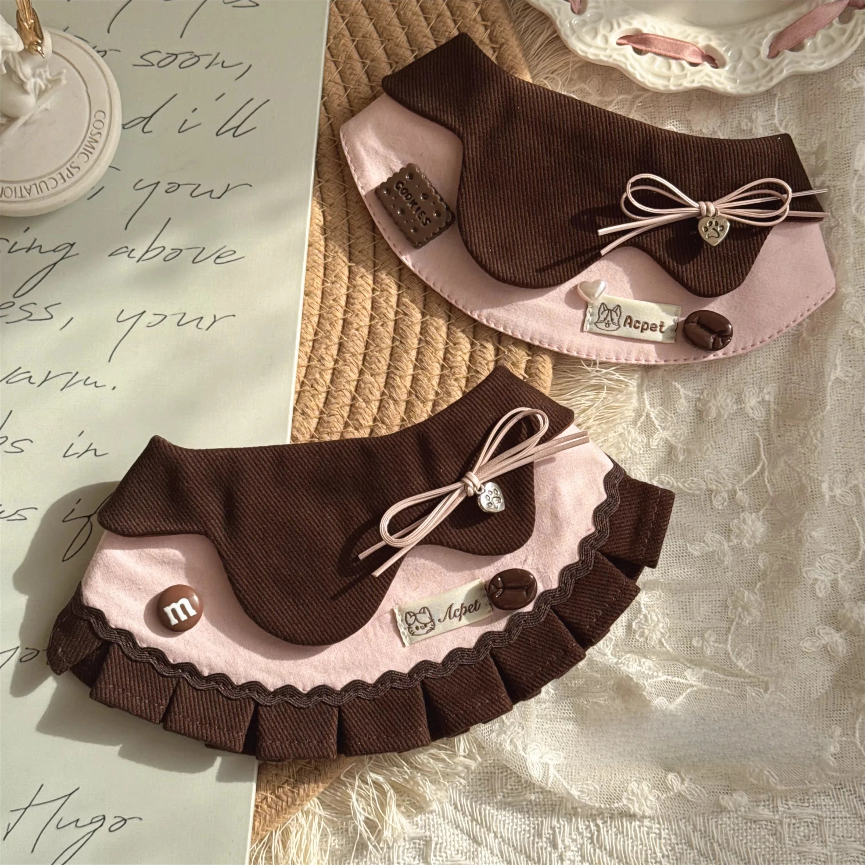 Original Design Corduroy Patchwork Cotton Fabric Peach Color Bow Decoration Sweet and Cute Pet Kitten Puppy Bib