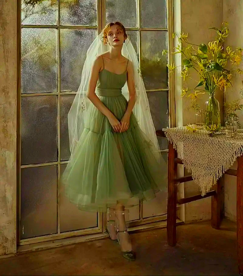 

Simple Sage Tulle Country Civil Wedding Dress Ankle Length Ruffle A-Line Customized Bridal Gowns Spaghetti Straps Back Lace-up