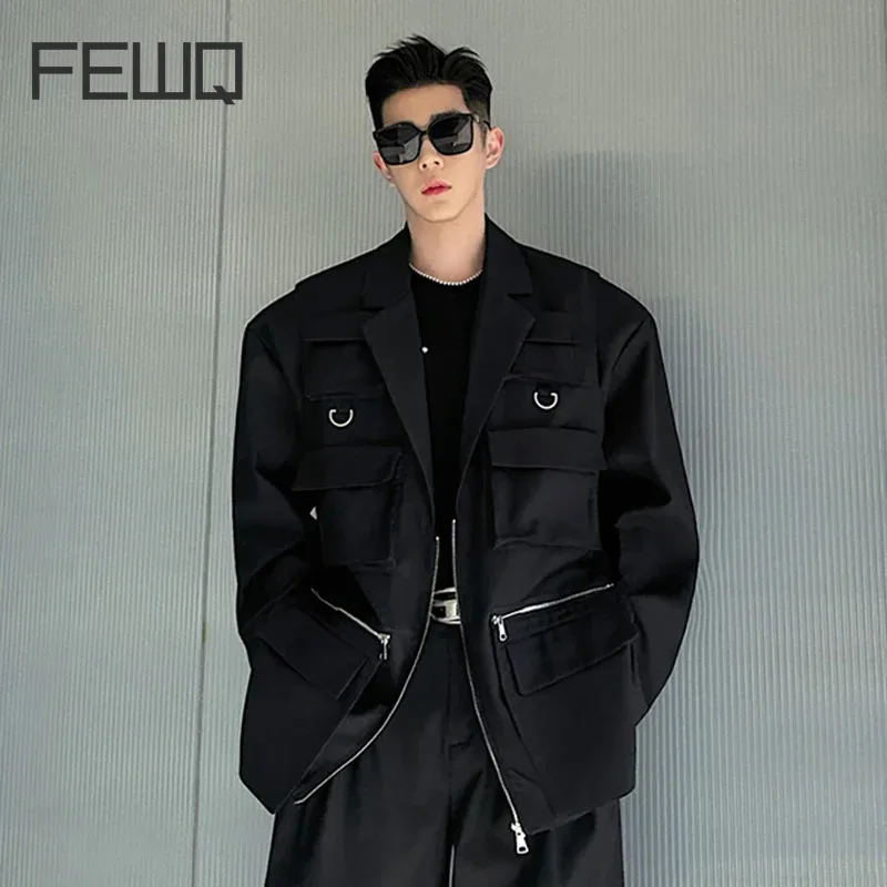 FEWQ Male Blazer Multi Pocket Spring Niche Design Threedimensional Fake Two-piece Suit Jackets 2024 Menwear Tide Handsome 9C5167