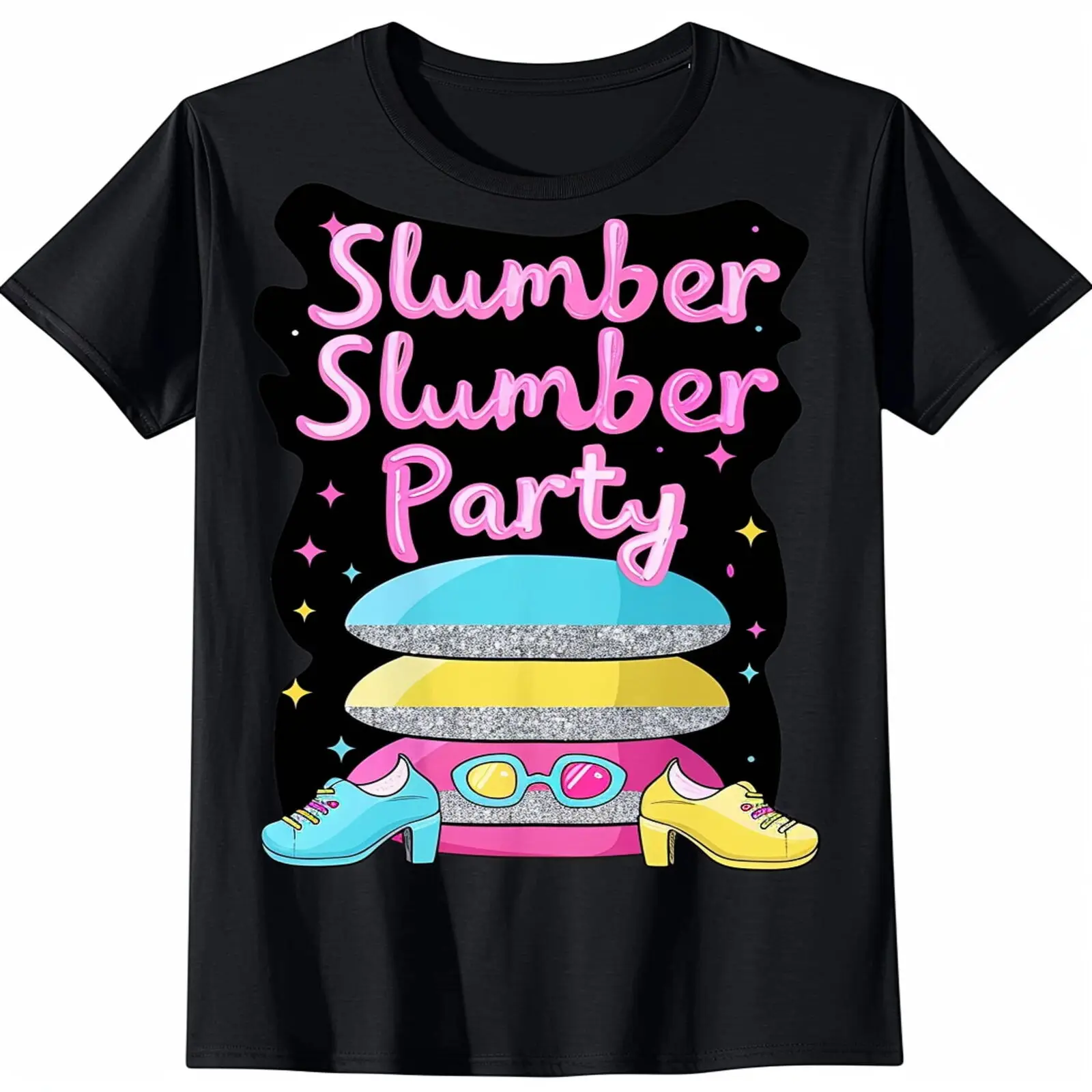 Slumber Party Squad Girls' Black TShirt with Cute Pillow & Sleep