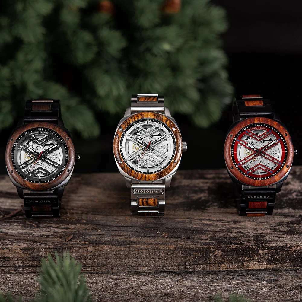 ساعة ميكانيكية أوتوماتيكية BOBO BIRD قمة الموضة الفاخرة للرجال ساعة يد معدنية خشبية ساعة هدية رائعة شعار صندوق مخصص reloj hombre