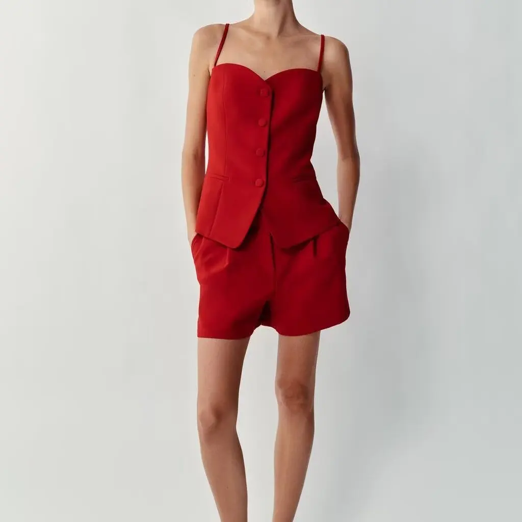 Fashionable Heart-Shape Collar Strap Vest And Casual Shorts Women's Two-Piece Set Autumn Collection Elegant Atmosphere
