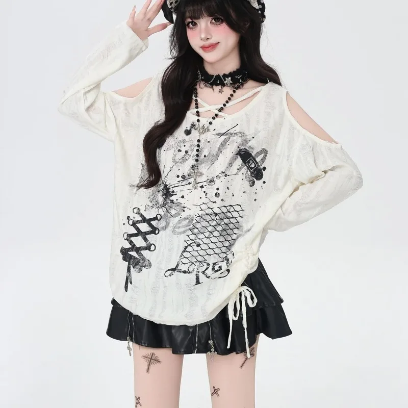 Off Shoulder Long Sleeve T-shirt Cross Tie Drawstring Y2k Tops Cuteore Graphic T Shirts Gothic Spring Autumn Female Clothing
