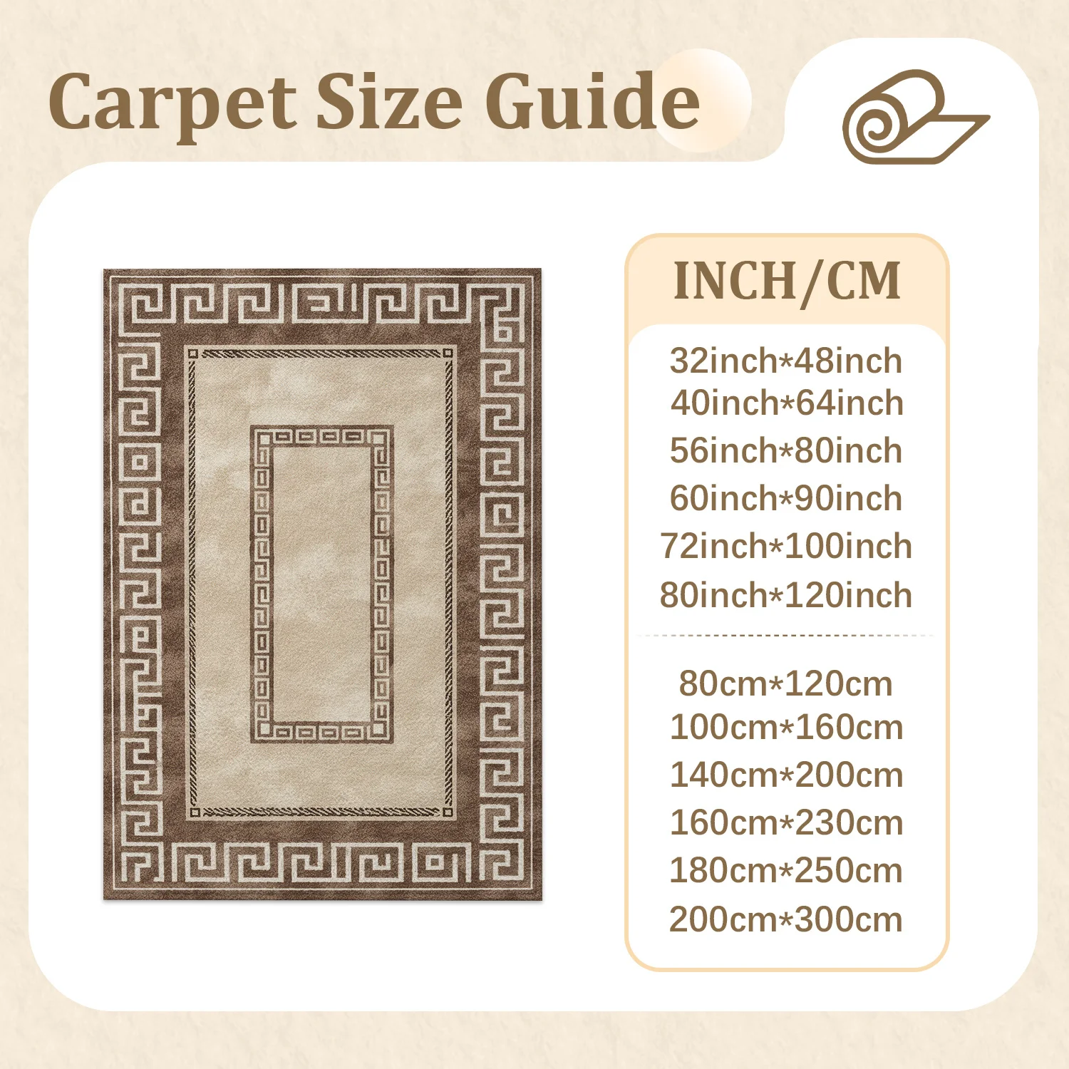 Large Indoor Area Rug, Soft Velvet Low Pile Rug with Non-slip Dotted Backing, Machine Washable Greek Key Pattern in Brown & Beige, Ideal for Living Room, Bedroom, Entryway Decor