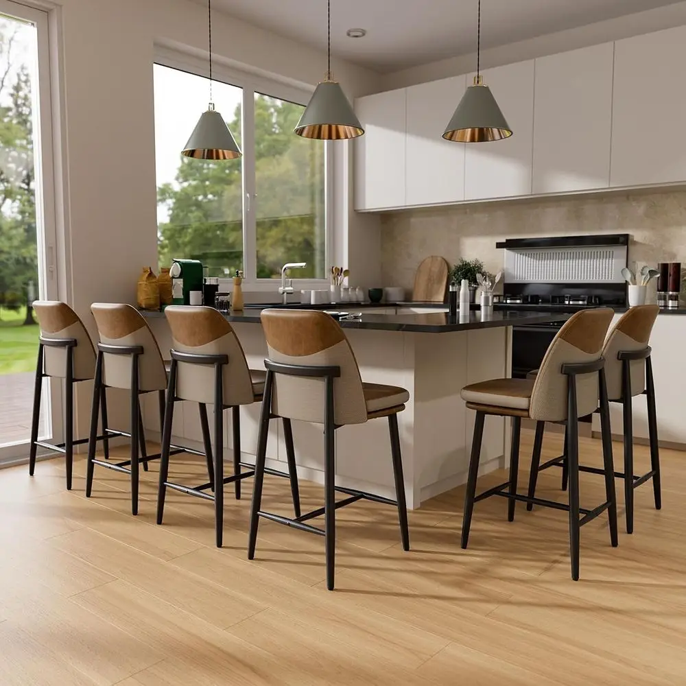 Brown Counter Height Bar Stools Set o 6, Dual Textured Seats | 3.15
