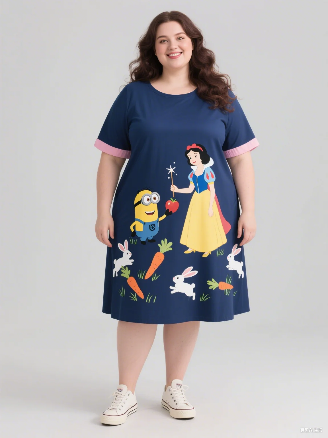 Sukienka damska plus size na jesień 2025 z nadrukiem Minionków i Królewny Śnieżki, bez rękawów, z okrągłym dekoltem, do modnego stylizacji.