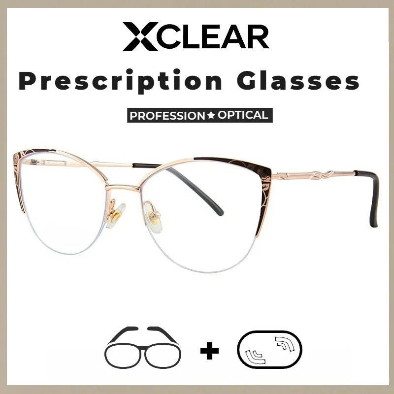 

Xclear Cateye Half-Frame Myopia Prescription Glasses Classic Retro Design High Quality Anti Blue Ray Progressive Optical Eyeware