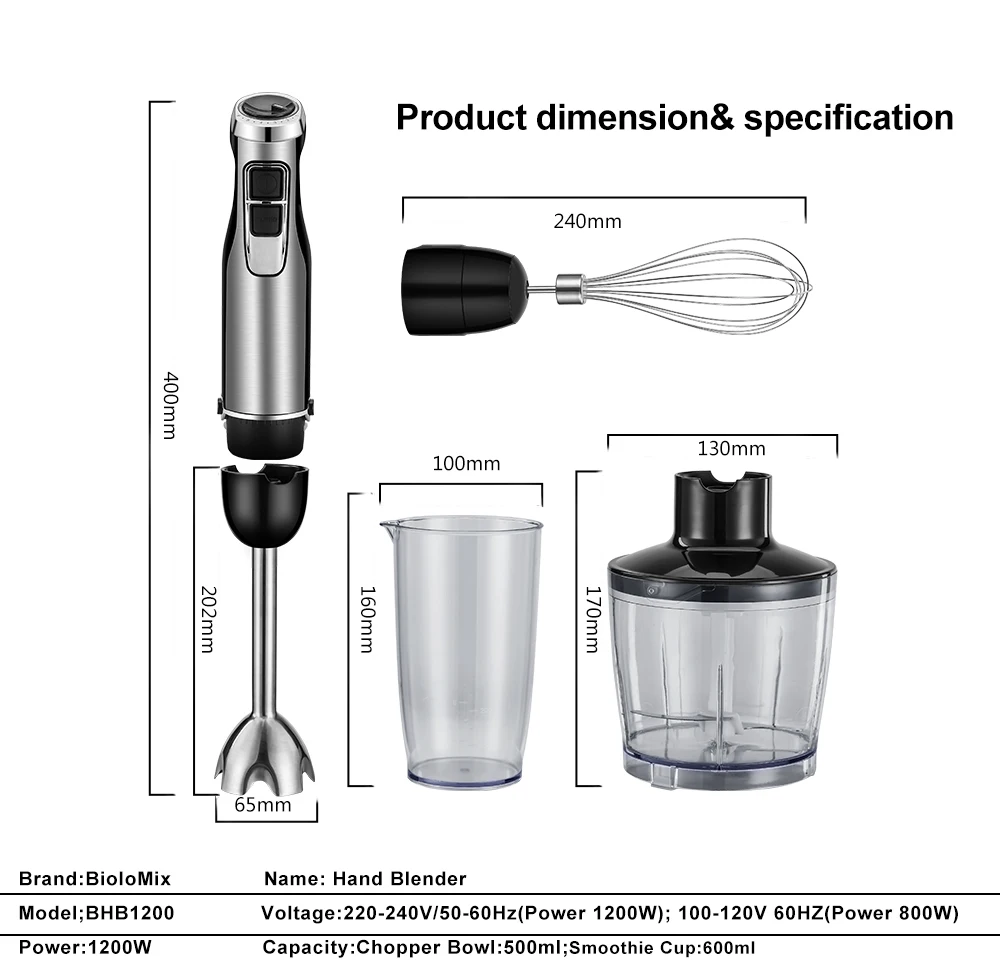 4 in 1 High Power 1200W Immersion Hand Stick Blender Mixer Includes Chopper and Smoothie Cup Stainless Steel Ice Blades,BioloMix