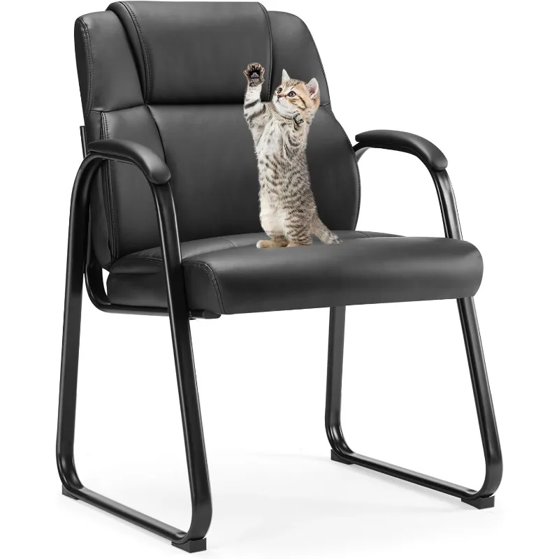 

Waiting Room Guest Chair, Leather Stationary Office Reception Chairs No Wheel, Comfy Padded Arms and Seld Base, Black