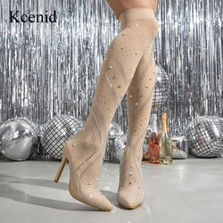 Kcenid Fashion Crystal Rhinestone Stretch Fabric Sock Mid-Calf Ankle Boots Women Pointed Toe High Heels Over The Knee Long Boots