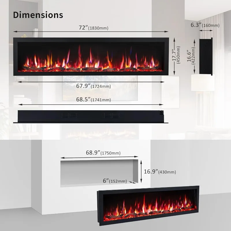 PuraFlame Bernice Chimenea eléctrica lineal inteligente de 72 pulgadas Diseño de ventilación oculta limpia, llama 9 colores, montaje empotrado en pared