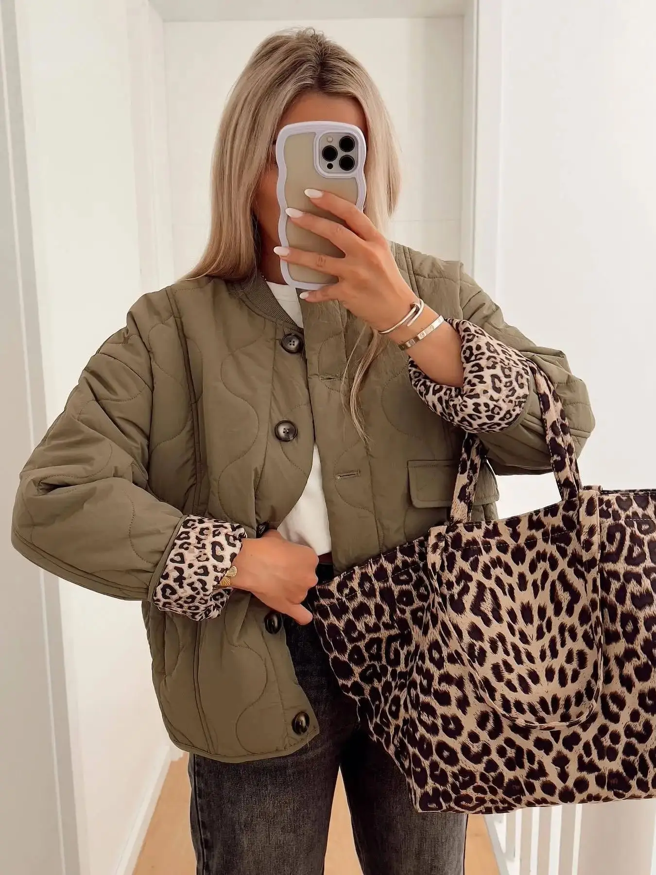 Fashion Leopard Print Lined Cotton Jacket Coat Women O-Neck Single-breasted Quilted Parkas Woman 2024 Fall Winter Warm Coats