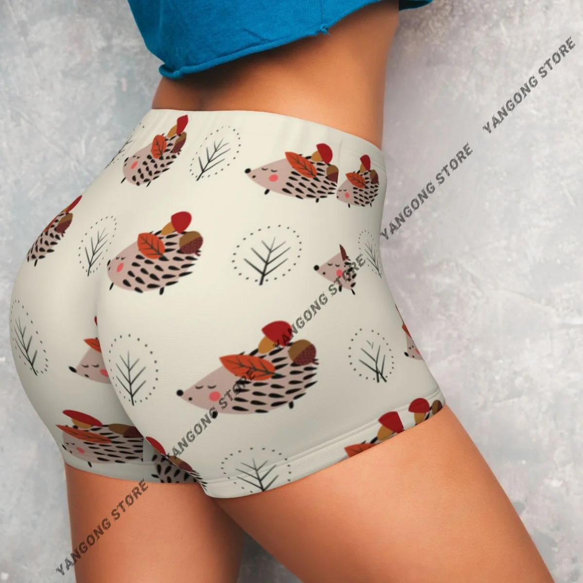 Yoga-Shorts, süßer Igel mit Pilz-Eichel- und Baummuster, für Damen, Biker, eng, elastisch, für Workout, Sport, Leggings, Sportbekleidung