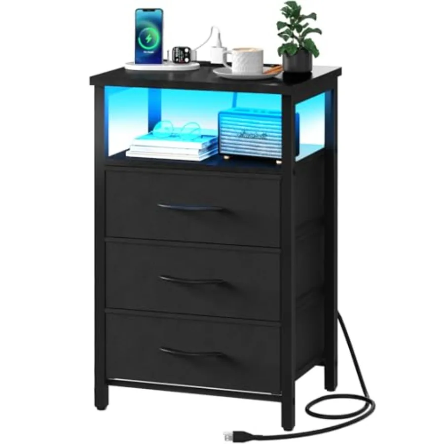 

Night Stand with Charging Station 16 Colors LED Nightstand with USB Ports and Outlets End Table with 3 Fabric Drawers and Stora