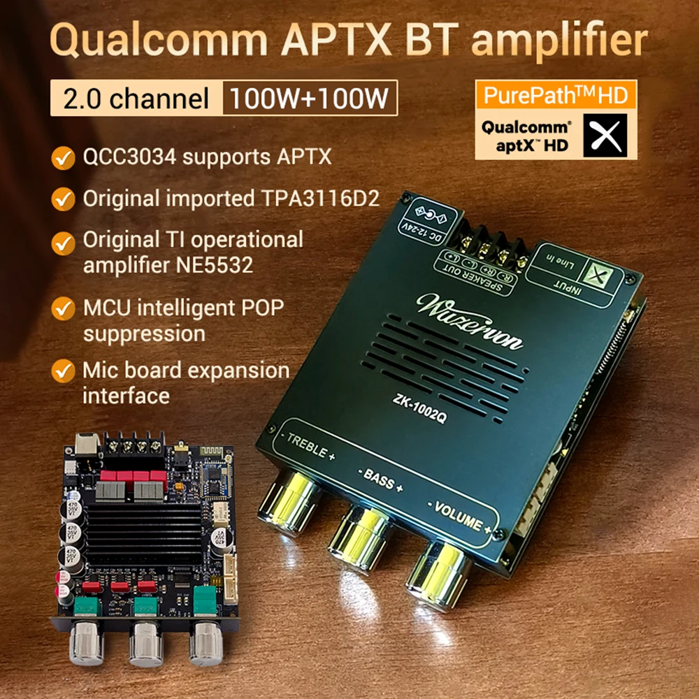 تيار مستمر 12-24 فولت ZK-1002Q BT مضخم رقمي مجلس كوالكوم QCC3034 + TPA3116 2.0 قناة APTX ضياع الطاقة 100 واط + 100 واط