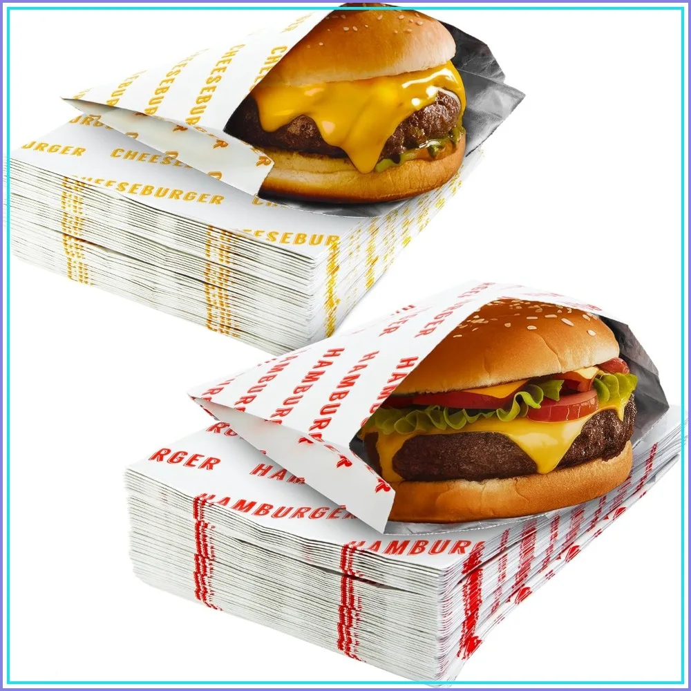 Retro Grease Proof Burger Wrappers Combo 50Pk, Insulated Pro Quality Bulk Hamburger Bags BPA Free, Large BBQ Foil Paper for Themed Party
