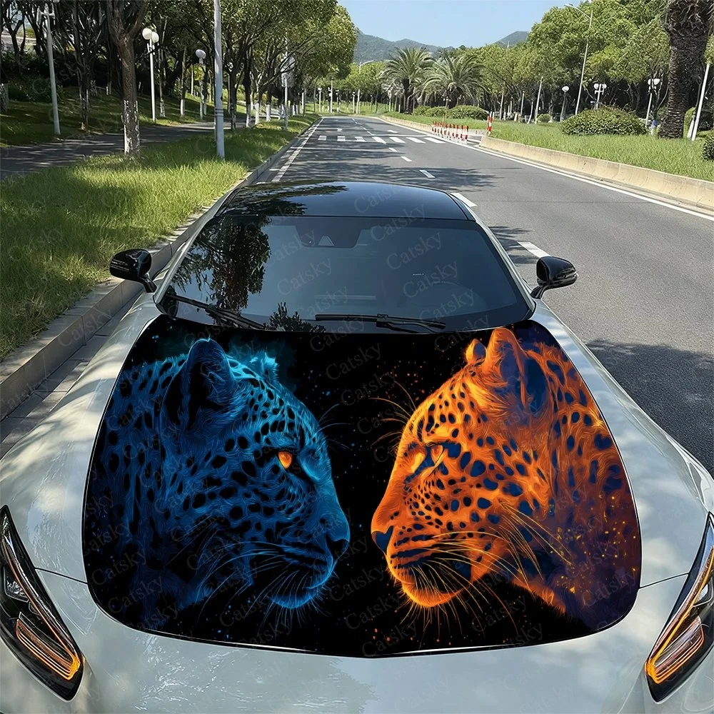 

Ice Flame Leopard Car Hood Sticker PVC Self Waterproof Stick,Striking Auto Exterior Accessories Decor Protect Gift for Car Lover
