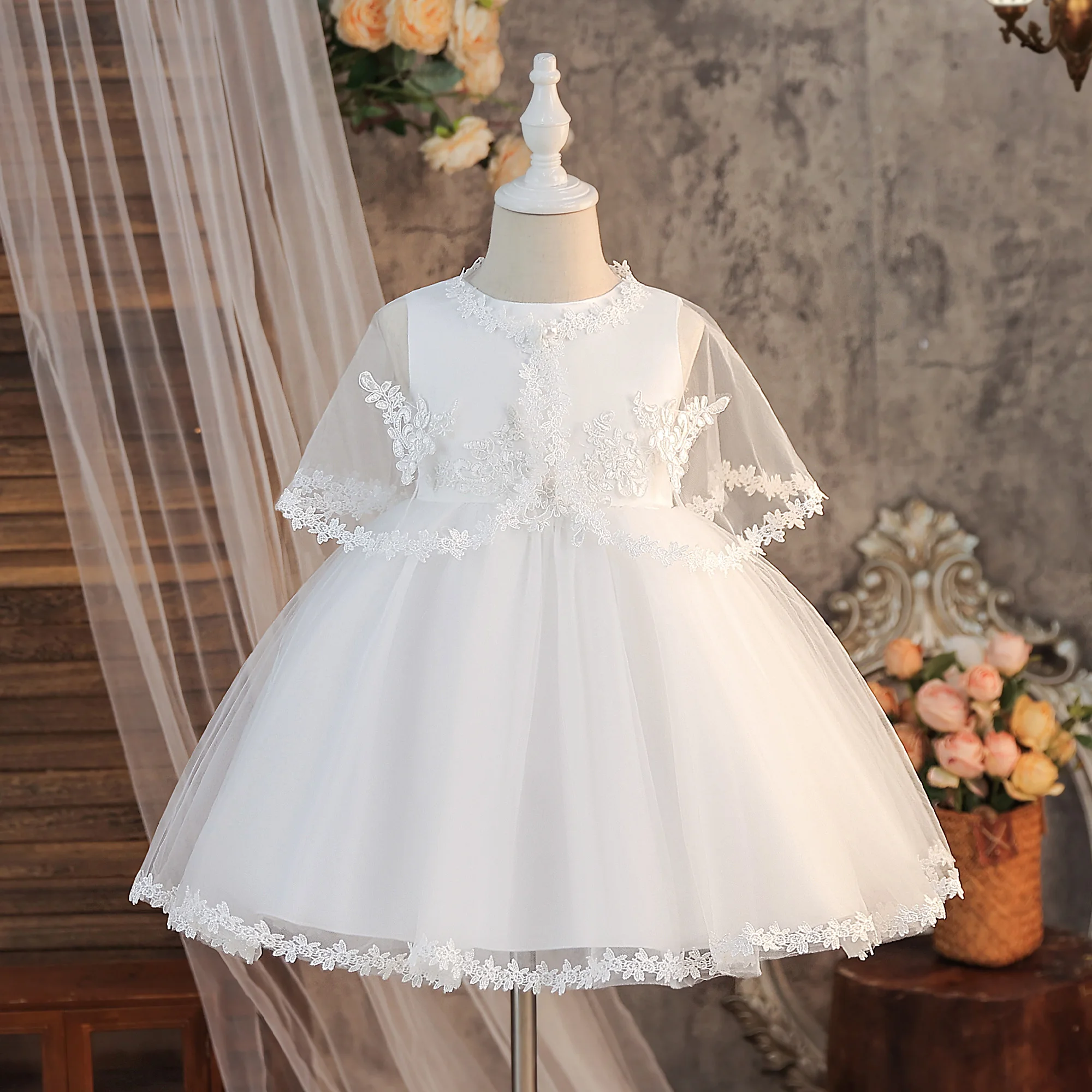 Elegante Blume Taufe Party Mädchen Kleid 2 stücke Spitze Hochzeit Brautjungfer Prom Kleider Mädchen Gala Tüll Geburtstag Prinzessin Kinder kleiden