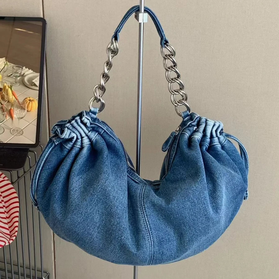 Denim Cloth Drawstring Half Moon Underarm Bag For Women Luxury Designer Handbag And Purse New In Vintage Pleat Chain Shoulder
