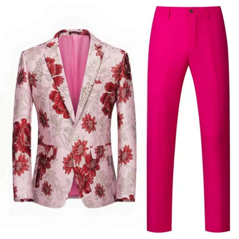 Men Suit 2 Pieces Orange Flower Pattern One Button Business Casual For Wedding Birthday Party Set Jacket And Pants
