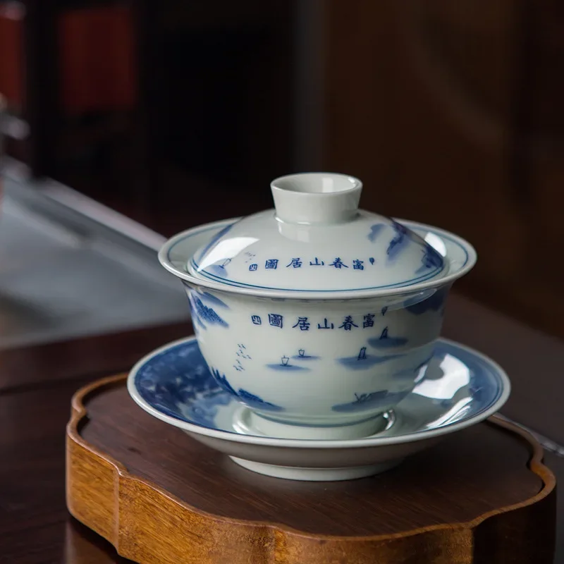 Chinese mainland Jingdezhen antique three talent cover bowl household tea bowl retro ceramic cover bowl