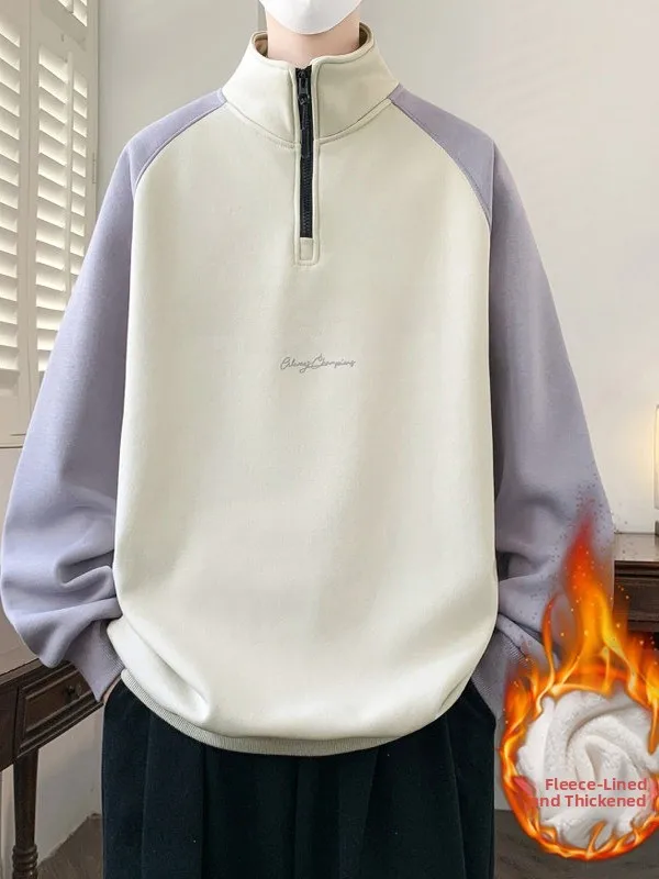 

Thiened Fce Hoodie Men's Casual Sle Letter Print High Collar Sweatirt Warm Base Layer irt for Students And Teenagers