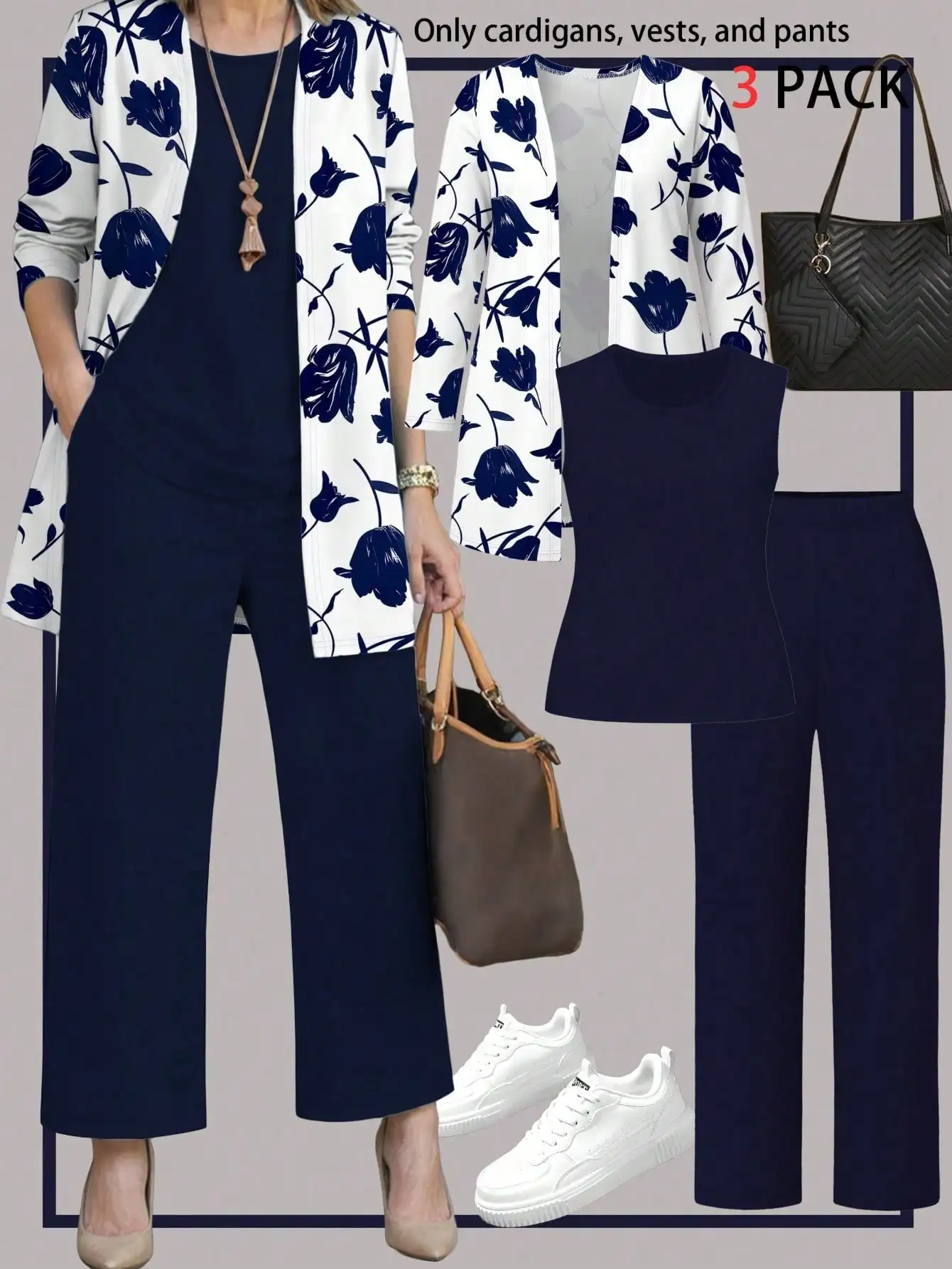 

Комплект из 3 предметов: кардиган с цветочным принтом для женщин больших размеров, топ без рукавов и брюки с широкими штанинами, повседневный городской наряд