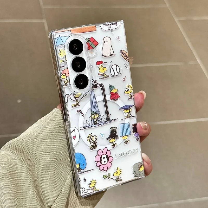 Cartoon Snoopy Charlie Brown Probe faucet Photo Magsafe Wireless Charge Phone Case For Samsung ZFold 3 4 5 6 7 8 Magnetic Holder