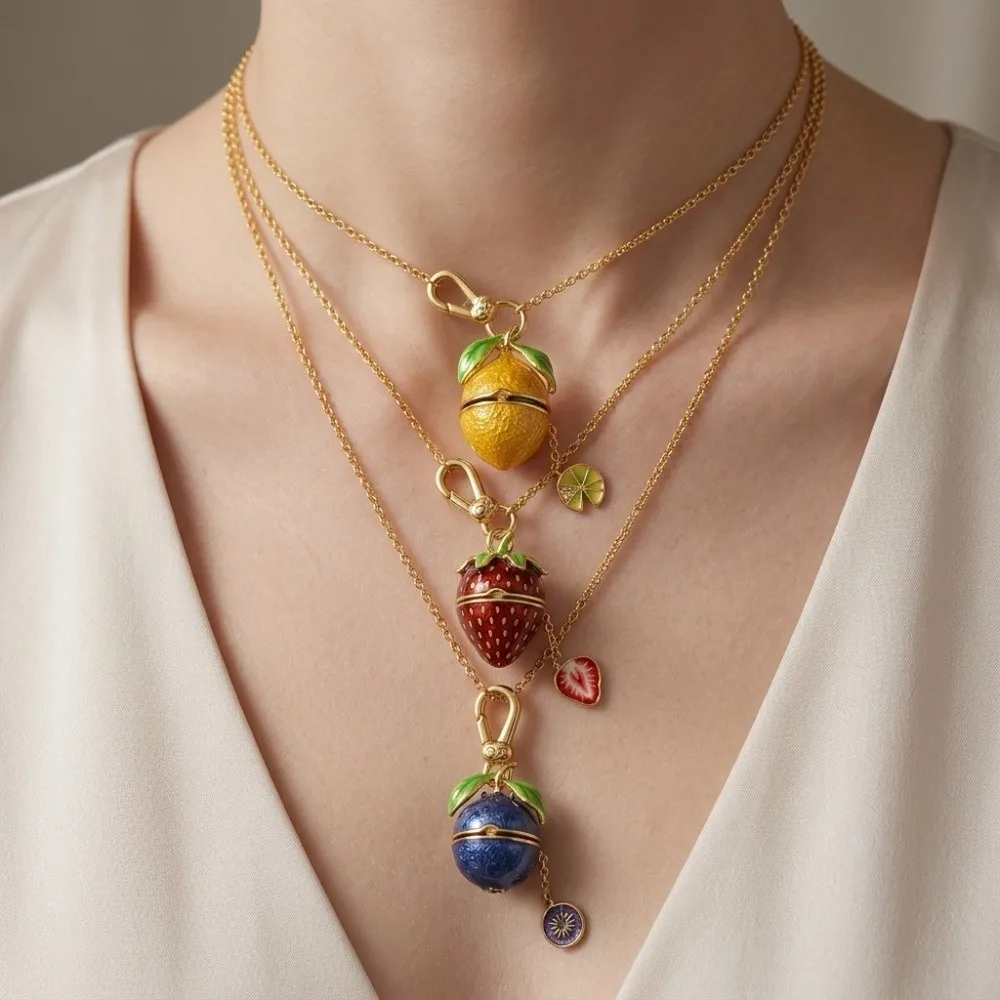 Openable Locket Pendant Necklace Strawberry Lemon Glazed Fruit Choker Copper Metal Chain Opening and Closing Lid Clavicle Chain