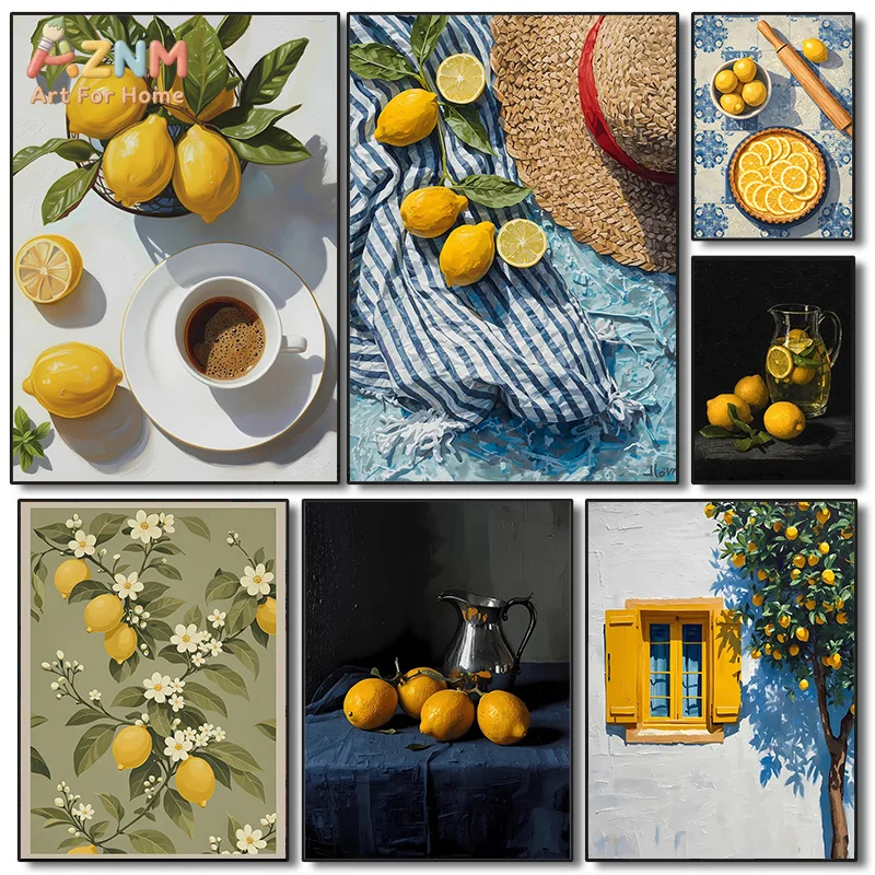 AZNM Vintage Lemon Still Life Canvas Print Citrus Fruit Coffee Floral Country Kitchen Aesthetic Unframed Wall Poster Decor Art