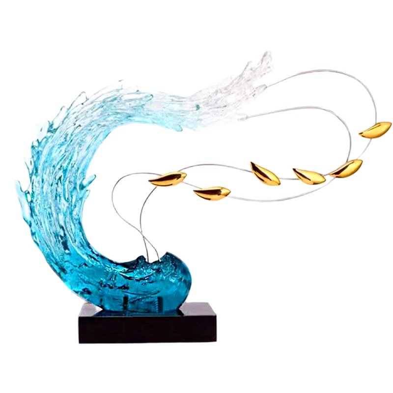 Modern light luxury fish wave sculpture, abstract resin transparent sculpture