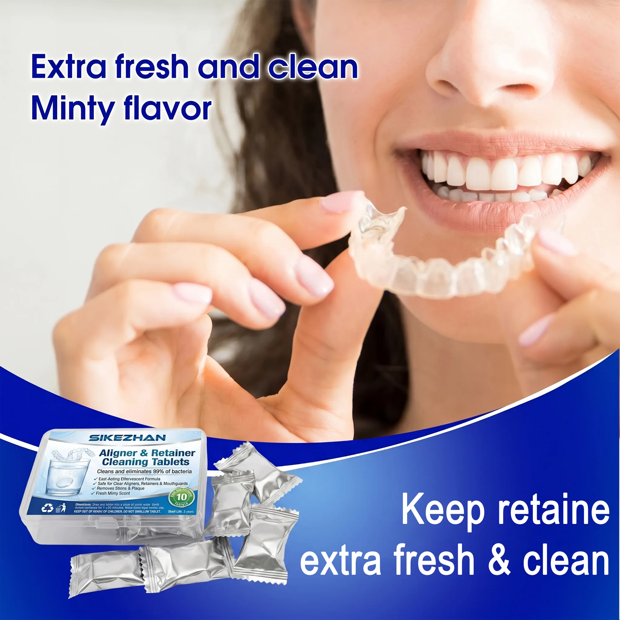 SIKEZHAN Aligner & Retainer Cleaner Tablets 99.9% Antibacterial Effervescent Cleanser for Denture Mouth Guard Mint Fresh, 10 Pcs