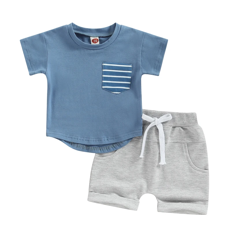 Baby Boys Shorts Set Short Sleeve Crew Neck Stripes T-shirt with Elastic Waist Shorts Summer Outfit