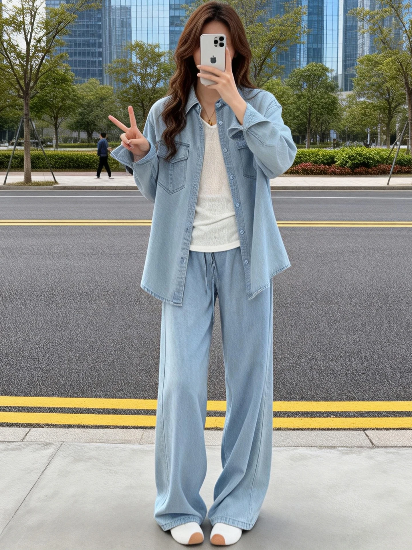 

Retro Lazy Style Denim Shirt Jacket Wide Leg Pants Set Women's Casual Two Piece Set Spring Autumn New Arrival