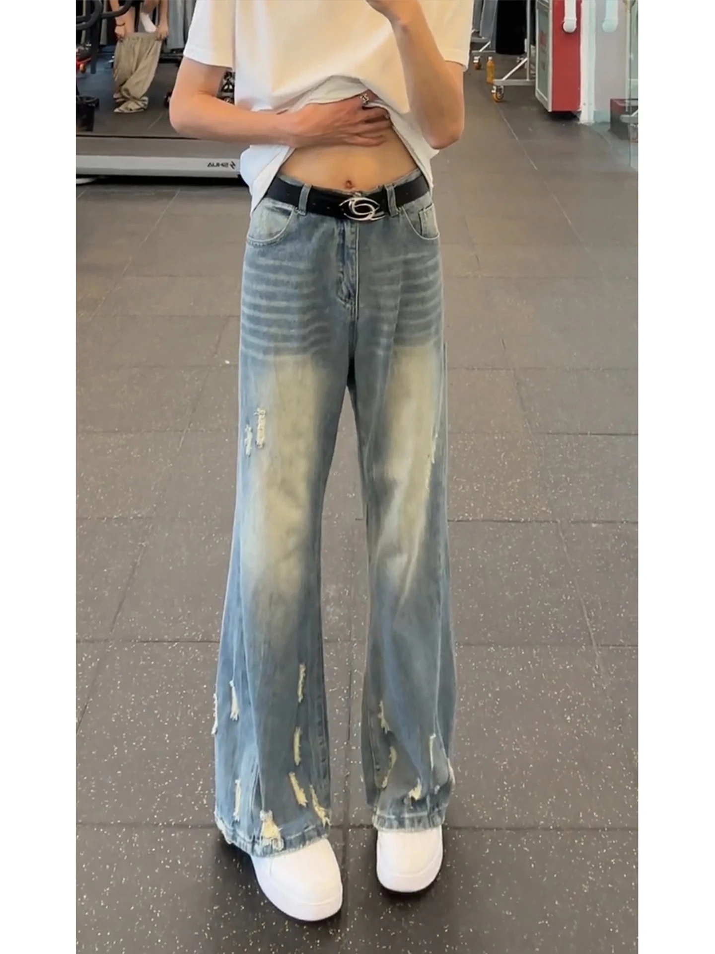 

Cleanfit Blue Distressed Denim Jeans Men's Washed Vintage Straight Leg Wide Leg Pants High Street American Style Casual Wear