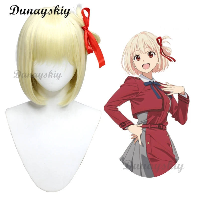 Lycoris Recoil Nishikigi Chisato Cosplay Wig 30cm Short Light Golden Heat Resistant Synthetic Wigs Ribbon