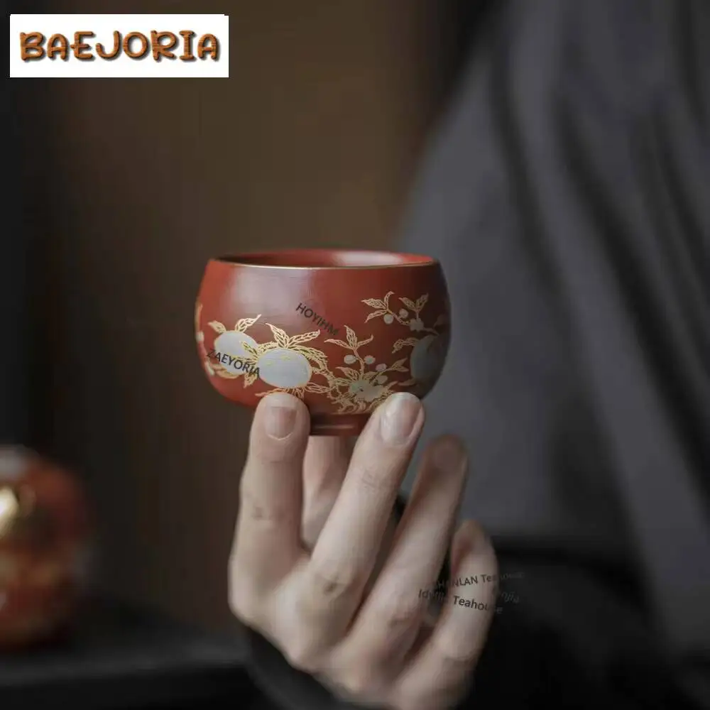 80ml Boutique Purple Clay Ceramic Teacup Chinese Longevity Peach Master Cup Puer Tea Bowl Chazhan Household Tea Kung Fu Teaset
